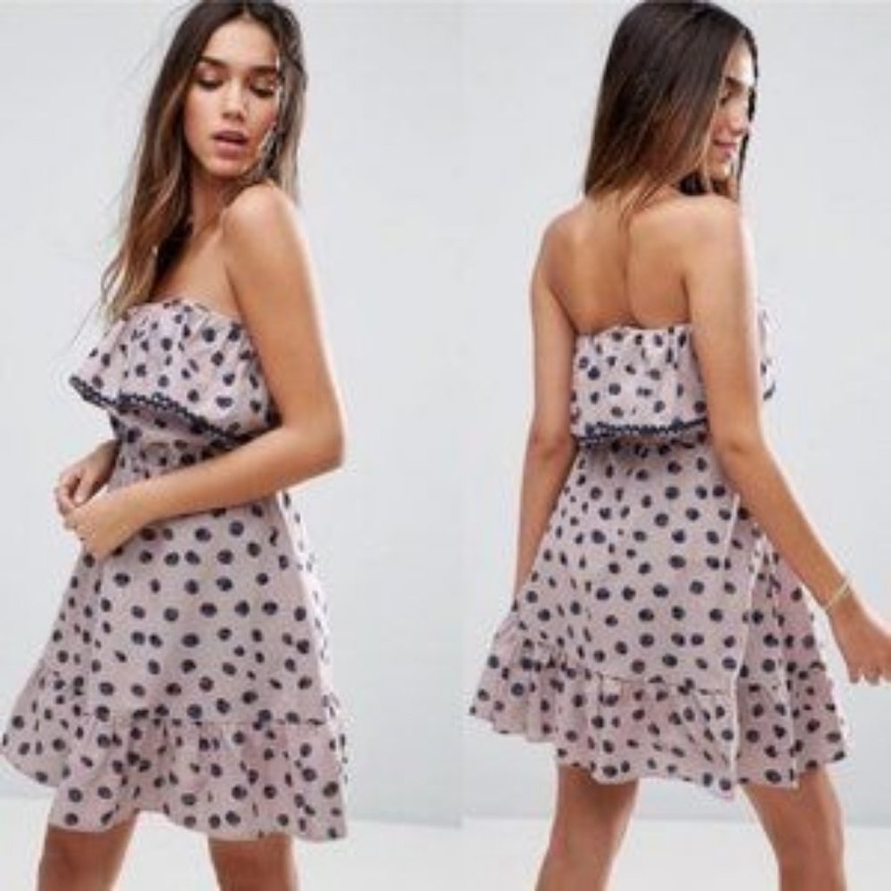 ASOS Pola‎ Dot Strapless Ruffle Bandeau Dress Size 10 Brand New With Tags